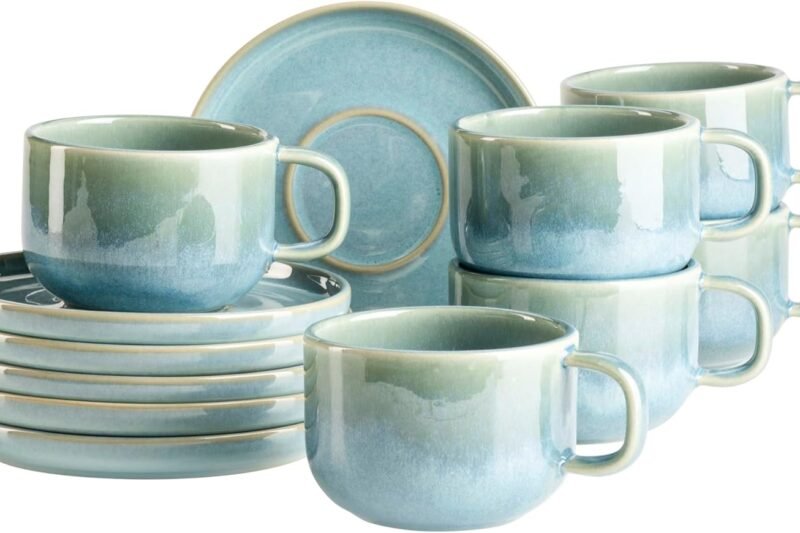 MÄSER Cordelia Series, Coffee Cups Set for 6 People, Made of High-Quality Stoneware, 12-Piece Coffee Service Consisting of 6 Cups and 6 Saucers, Stoneware, Sand